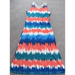 Rare Editions Womens Size 16 Zigzag Ikat Maxi Dress Crochet Lace Racerback Blue